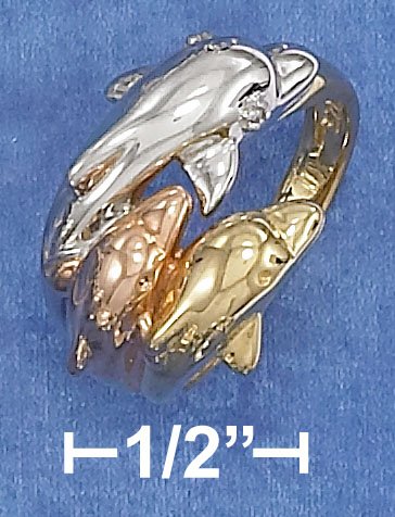 GORGEOUS STERLING SILVER TRI-COLOR GOLD PLTD TRIPLE DOLPHIN RING .