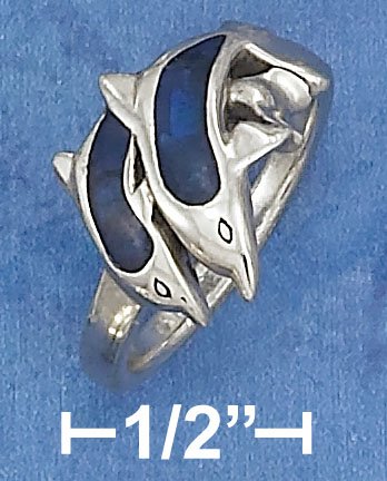 BEAUTIFUL STERLING SILVER DOUBLE JUMPING DOLPHINS RING WITH PAUA SHELL INLAY.