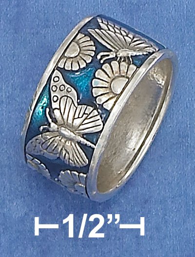 STERLING SILVER 11MM BUTTERFLIES & FLOWERS WITH BLUE ENAMEL BACKGROUND BAND