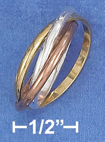 STERLING SILVER 14K GP 2MM TRIPLE BAND TRI-COLOR SLIDE RING