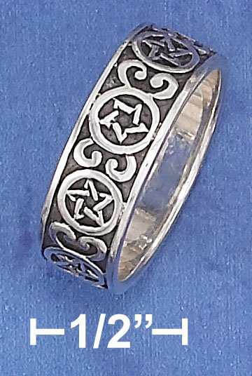 STERLING SILVER 7MM ANTIQUED CONTINUOUS PENTACLE AND SCROLLS BAND.