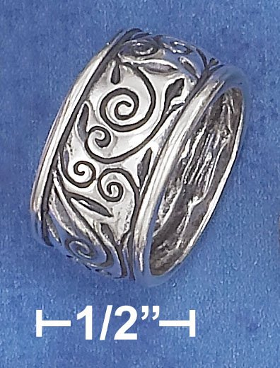 STERLING SILVER 11MM WIDE FANCY SCROLLED VINE BAND.