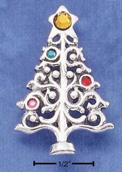 STERLING SILVER CHRISTMAS TREE W/ COLORED CRYSTAL ORNAMENTS PIN/PENDANT