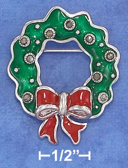 STERLING SILVER 29 X 35MM GREEN ENAMEL & MARCASITE WREATH PIN