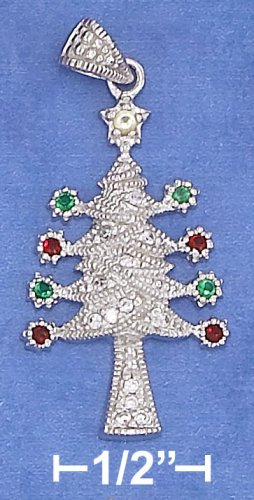 STERLING SILVER 18 X 28MM CZ TREE CHARM W/ 18 INCH STERLING SILVER BOX CHAIN.