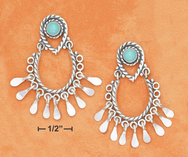 STERLING SILVER ROUND TURQUOISE POST SILVER TASSEL DANGLE EARRINGS.