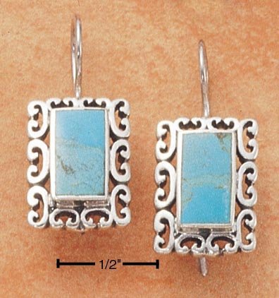 STERLING SILVER RECT TURQUOISE W/ SCROLL BORDER EARRINGS
