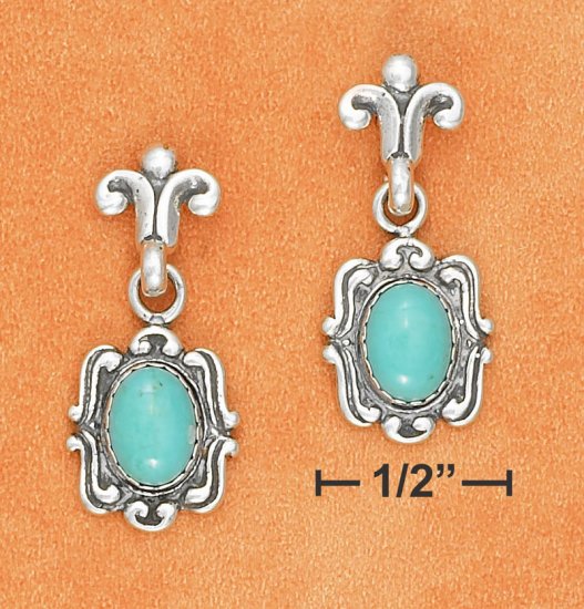 STERLING SILVER FANCY POST W/ OVAL TURQUOISE DANGLE EARRINGS