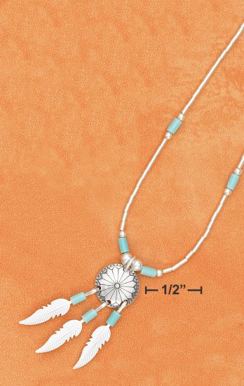 STERLING SILVER 16" TURQUOISE HESHI BEAD CONCHO NECKLACE W/ FEATHERS