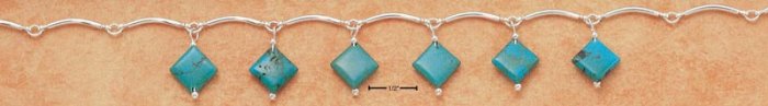 STERLING SILVER 17" CURVED BAR LINK NECKLACE W/ SIX DIAMOND SHAPE TURQUOISE DANGLES