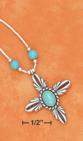 STERLING SILVER 16"-18" ADJ LIQUID SILVER W/ TURQUOISE BEAD & CROSS DANGLE NECKLACE