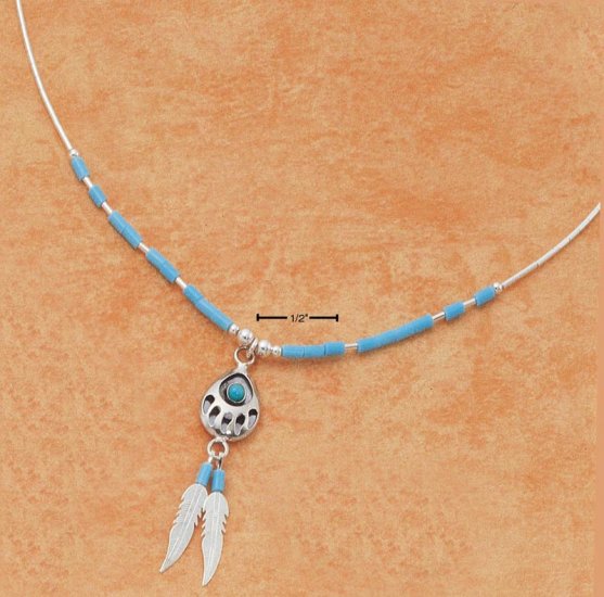 STERLING SILVER 16" LIQUID SILVER NECKLACE W/ TURQUOISE BEARPAW & FEATHER