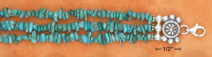 STERLING SILVER 7"-8.5" ADJUSTABLE THREE STRAND TURQUOISE CHIP NUGGETS BRACELET