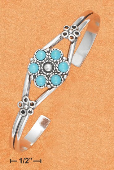 STERLING SILVER OPEN WIRE CUFF W/ TURQUOISE FLOWER DESIGN CENTER BRACELET
