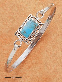 STERLING SILVER TURQUOISE RECT W/SCROLL BORDER BANGLE BRACELET