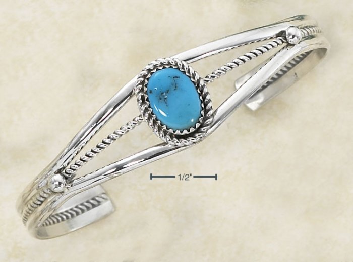 STERLING SILVER OVAL TURQUOISE STONE AND CENTER ROPING CUFF BRACELET