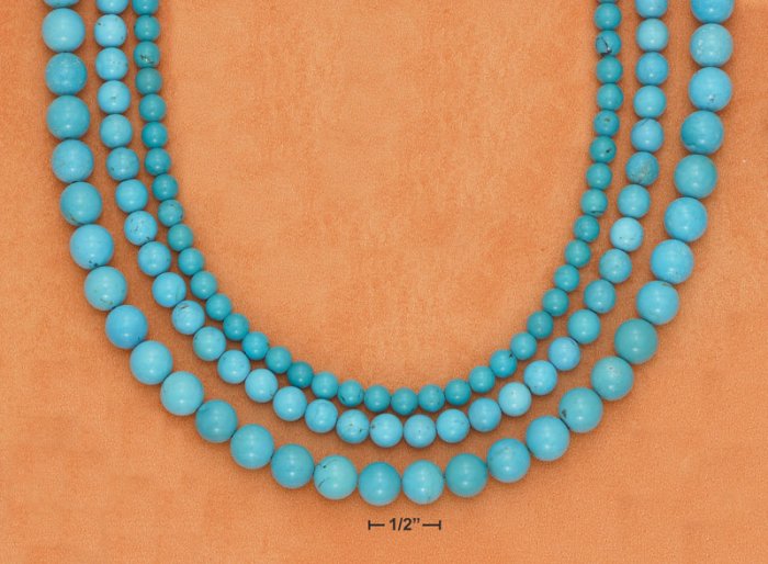 STERLING SILVER 3 STRAND TURQUOISE BEAD NECKLACE