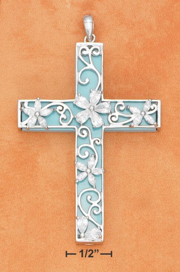 STERLING SILVER 20 INCH TURQUOISE FILIGREE CROSS NECKLACE W/CZ FLOWERS OVERLAY