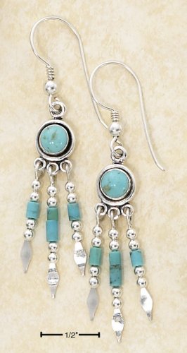 STERLING SILVER ROUND DOT TURQUOISE EARRINGS W/ TRIPLE HESHI DROPS