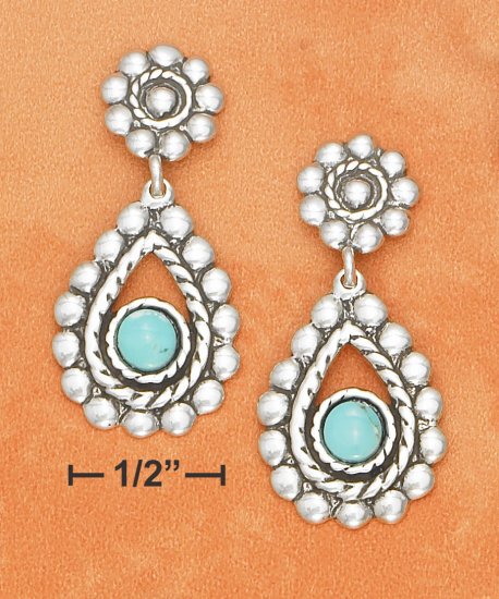 STERLING SILVER FLOWER POST W/ BEADED EDGES & TURQUOISE STONE DANGLE EARRINGS