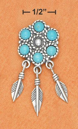 STERLING SILVER LARGE TURQUOISE FLOWER POST W/ SILVER FEATHERS DANGLE EARRINGS