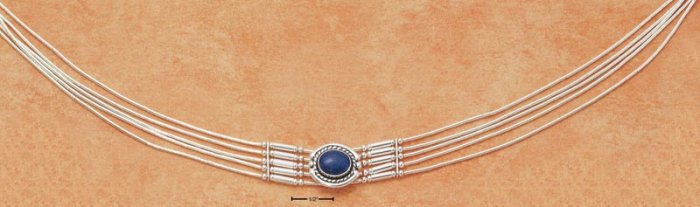 STERLING SILVER 15-1/2" STRAND LIQUID SILVER CHOKER NECKLACE W/ OVAL LAPIS & BARS