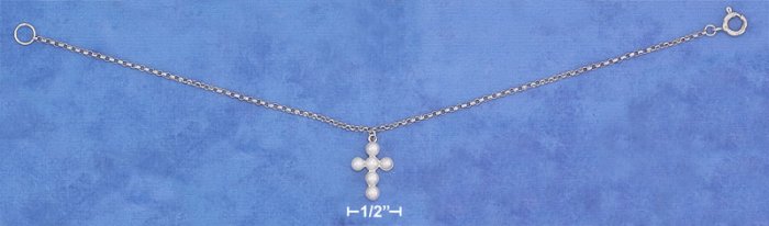 STERLING SILVER 7.25" PLATINUM PLATED ROLO BRACELET W/ PEARL CROSS DANGLE