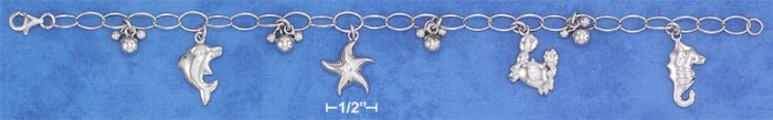 STERLING SILVER HP 7X5MM OVAL LINK CHARM BRACELET W/ SEALIFE CREATURES,
