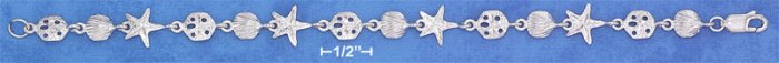STERLING SILVER RP 7" SMALL DC SAND DOLLAR STARFISH & SCALLOP SHELL LINK BRACELET