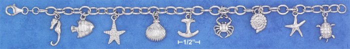 STERLING SILVER 8" OPEN LINK SEA LIFE & SHELLS CHARM BRACELET