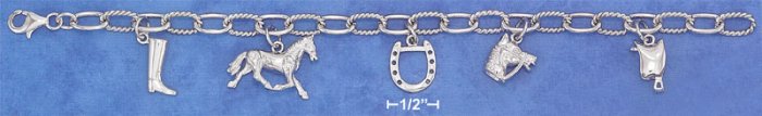STERLING SILVER RP 8" EQUESTRIAN CHARM BRACELET W/ TOGGLE