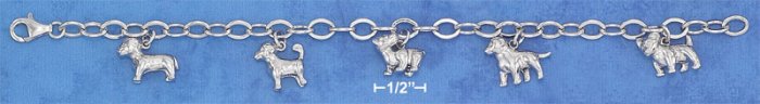 STERLING SILVER RP 7" OVAL LINK ASSORTED PUPPIES CHARM BRACELET