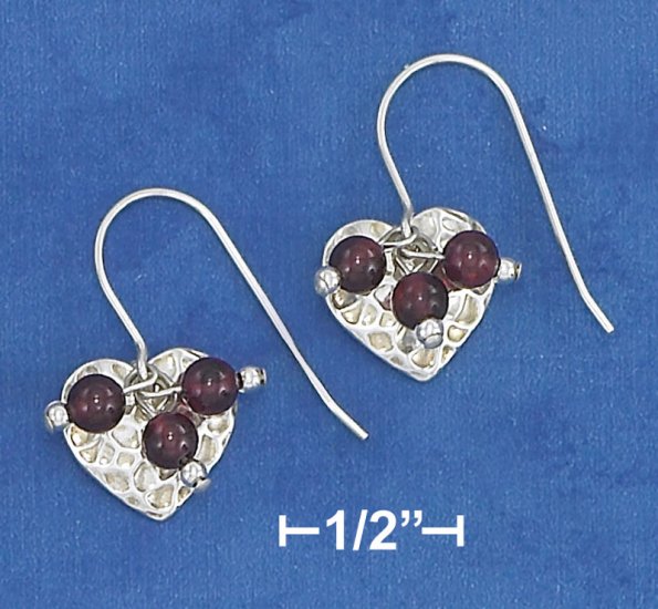 STERLING SILVER 13MM HAMMERED HEART EARRINGS W/ GARNET DANGLE BEADS