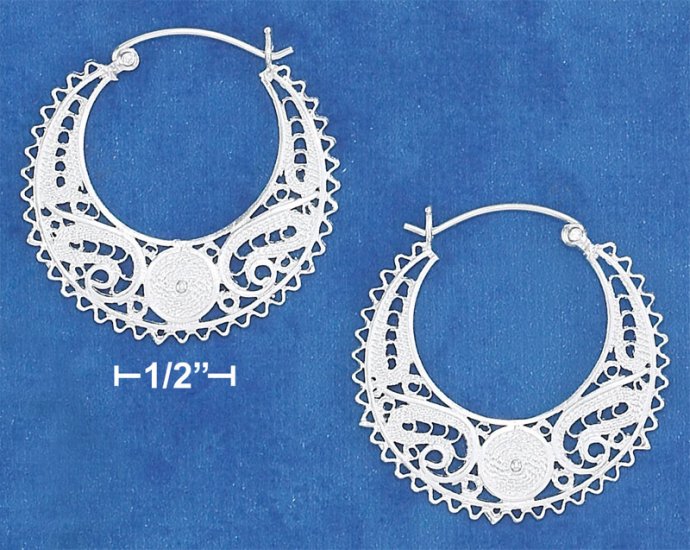 STERLING SILVER 35MM LACY FILIGREE CRESCENT HOOP EARRINGS