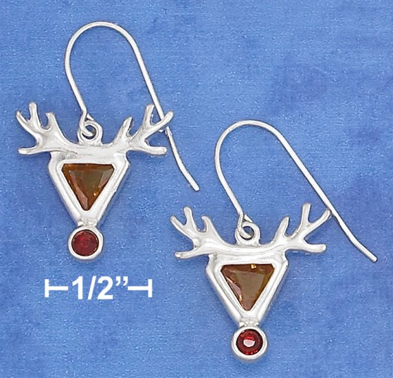 STERLING SILVER CZ REINDEER W/ RED NOSE F W EARRINGS