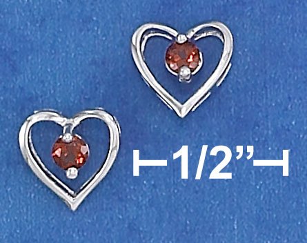 STERLING SILVER OPEN HEART W/ 3MM GARNET POST EARRINGS