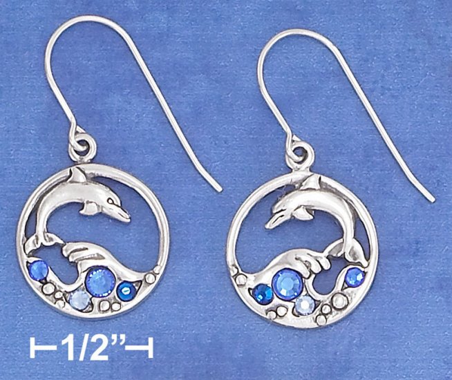 STERLING SILVER DOLPHIN JUMPING OUT OF WAVES W/ BLUE CRYSTALS EARRINGS