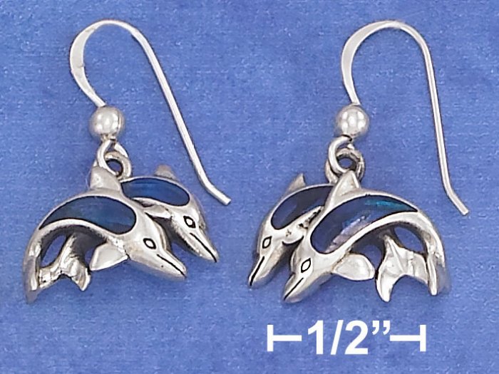 STERLING SILVER 11X16MM DOUBLE JUMPING DOLPHINS W/PAUA SHELL INLAY EARRINGS.