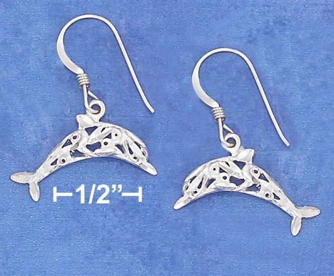 STERLING SILVER SATIN DC 19MM LONG FILIGREE DOLPHIN EARRING ON FRENCH WIRE