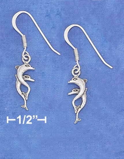 STERLING SILVER MINI 7X15MM DOUBLE DOLPHIN FRENCH WIRE EARRINGS