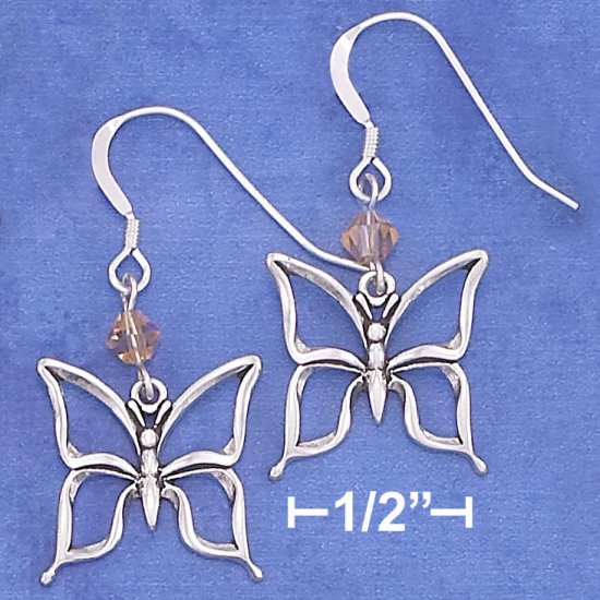 STERLING SILVER OPEN BUTTERFLY EARRING W/ ORANGE SWAROVSKI XTAL ON FRENCH WIRE