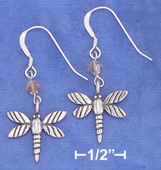 STERLING SILVER ANTIQUED DRAGONFLY EARRINGS WITH ORANGE SWAROVSKI CRYSTAL