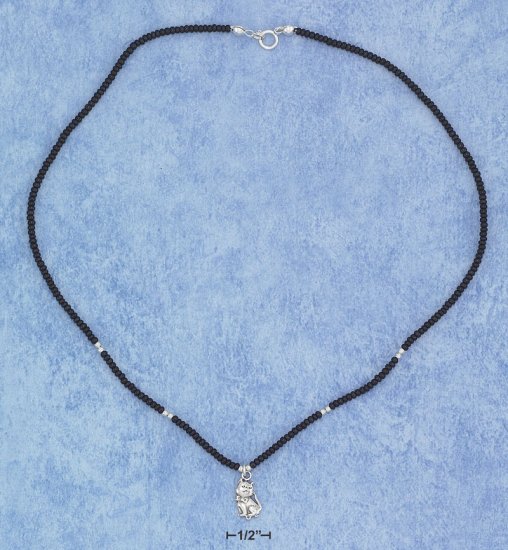 STERLING SILVER 16" CHOKER W/ BLACK PONY BEADS & CAT PENDANT