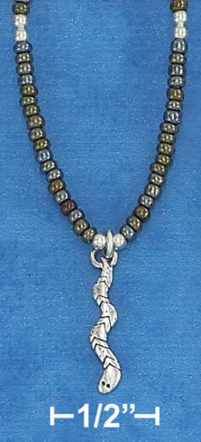 STERLING SILVER 16" CHOKER W/ BROWN & GRAY PONY BEADS & SNAKE PENDANT