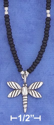 STERLING SILVER 16" CHOKER W/ BLACK PONY BEADS & DRAGONFLY PENDANT
