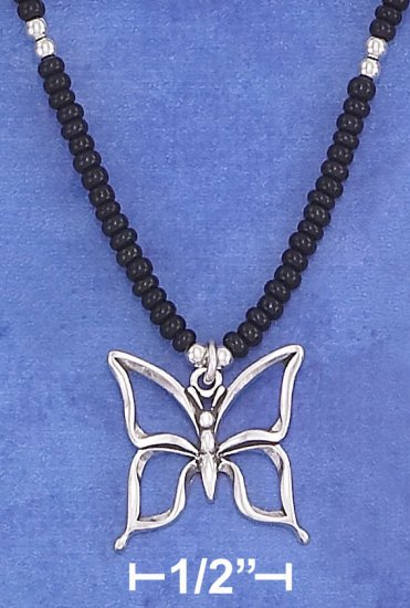STERLING SILVER 16" CHOKER W/ BLACKPONY BEADS & OPEN BUTTERFLY PENDANT