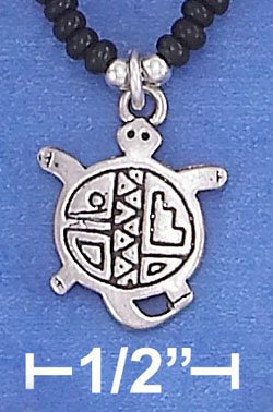 STERLING SILVER 16" CHOKER W/ BLACK PONY BEADS & TURTLE PENDANT