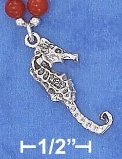 STERLING SILVER 16" CHOKER W/ RED CORAL BEADS & SEAHORSE PENDANT