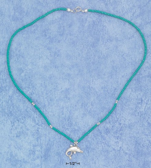 STERLING SILVER 16" CHOKER W/ OCEAN BLUE PONY BEADS & HP DOLPHIN PENDANT