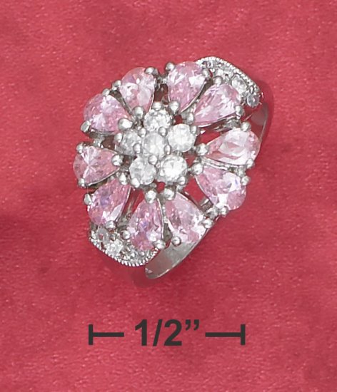STERLING SILVER FLOWER RING WITH TEAR SHAPE PINK ICE PETALS